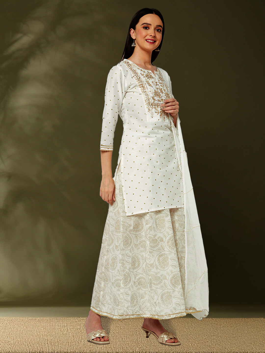 embroidered kurta with brocade flare pants and dupatta-offwhite