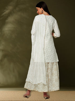 embroidered kurta with brocade flare pants and dupatta-offwhite