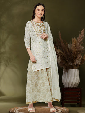 embroidered kurta with brocade flare pants and dupatta-offwhite