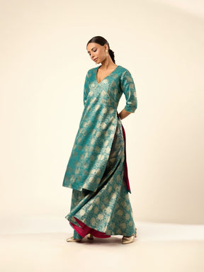 Lotus Jaal Baranasi Silk Kurta paired with Sharara- Teal