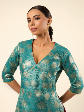 Lotus Jaal Baranasi Silk Kurta paired with Sharara- Teal