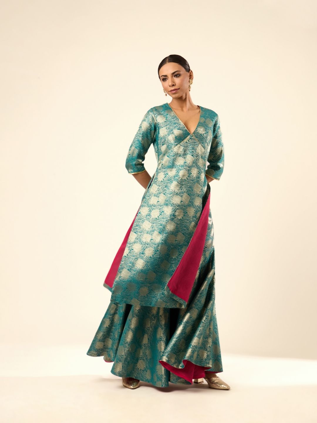 Lotus Jaal Baranasi Silk Kurta paired with Sharara- Teal