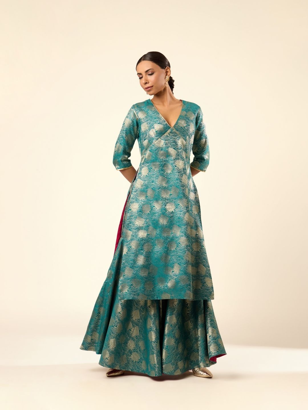 Lotus Jaal Baranasi Silk Kurta paired with Sharara- Teal