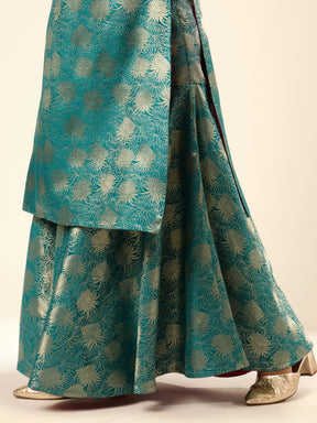 Lotus Jaal Baranasi Silk Kurta paired with Sharara- Teal