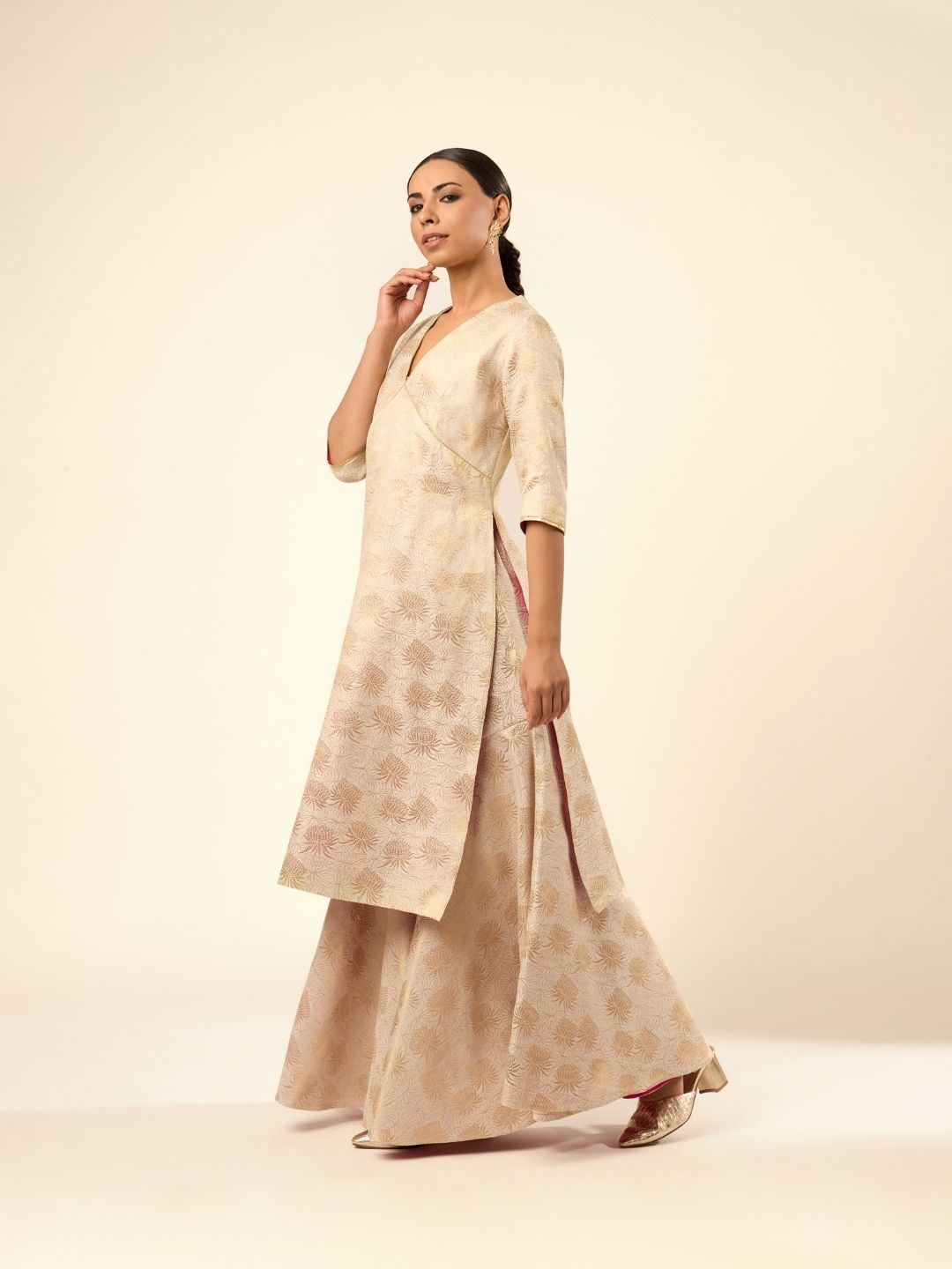 Lotus Jaal Baranasi Silk Kurta paired with Sharara- Ivory