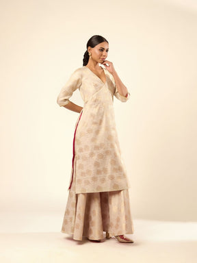 Lotus Jaal Baranasi Silk Kurta paired with Sharara- Ivory