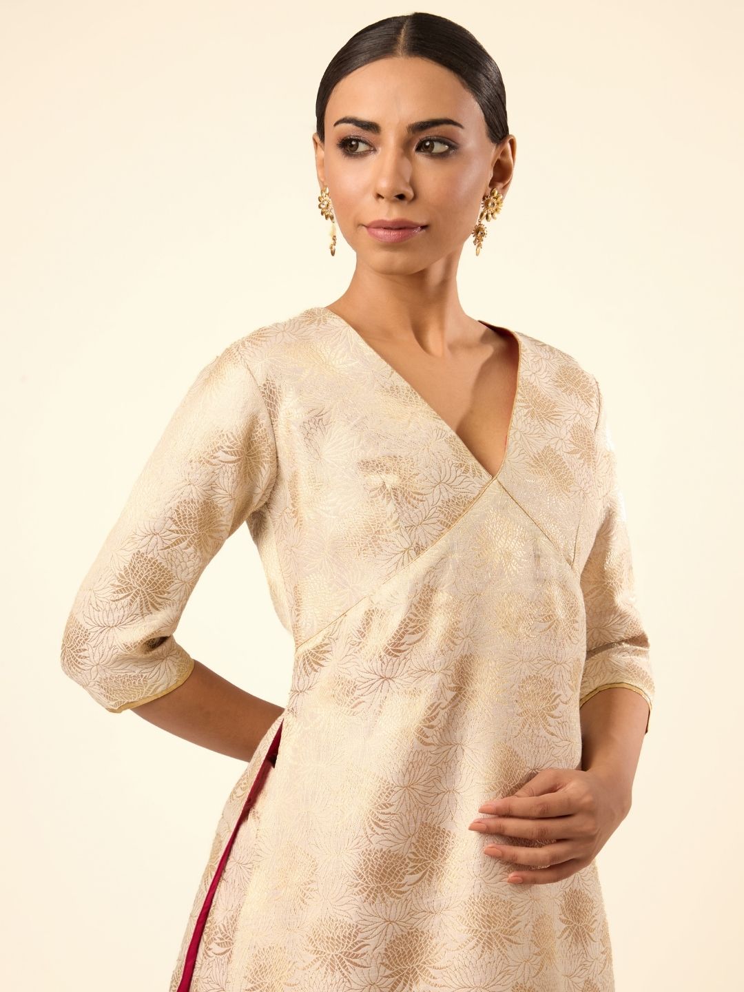 Lotus Jaal Baranasi Silk Kurta paired with Sharara- Ivory