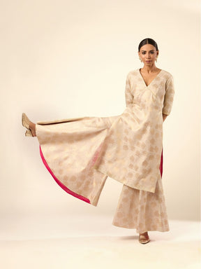 Lotus Jaal Baranasi Silk Kurta paired with Sharara- Ivory