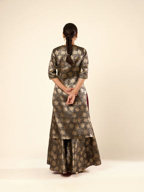 Lotus Jaal Baranasi Silk Kurta paired with Sharara- Black