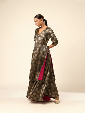 Lotus Jaal Baranasi Silk Kurta paired with Sharara- Black