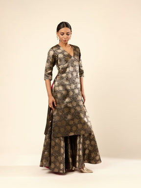 Lotus Jaal Baranasi Silk Kurta paired with Sharara- Black