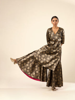 Lotus Jaal Baranasi Silk Kurta paired with Sharara- Black