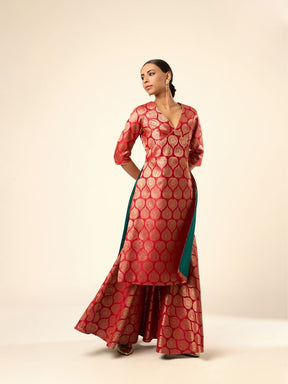 Paan Zari Baranasi Silk Kurta paired with Sharara- Red