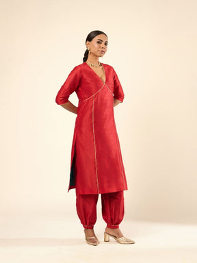 Zari Lace Art Silk Kurta Set- Red