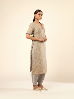 Cotton zari baswada Kurta Set with Back Cut-out and tie-up- Grey