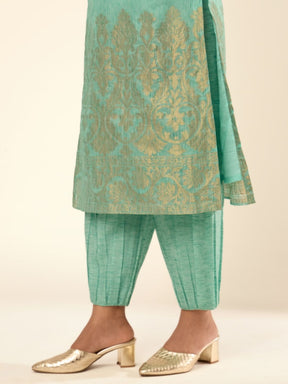 Zari Banswara Border Kurta Set- Mint Green