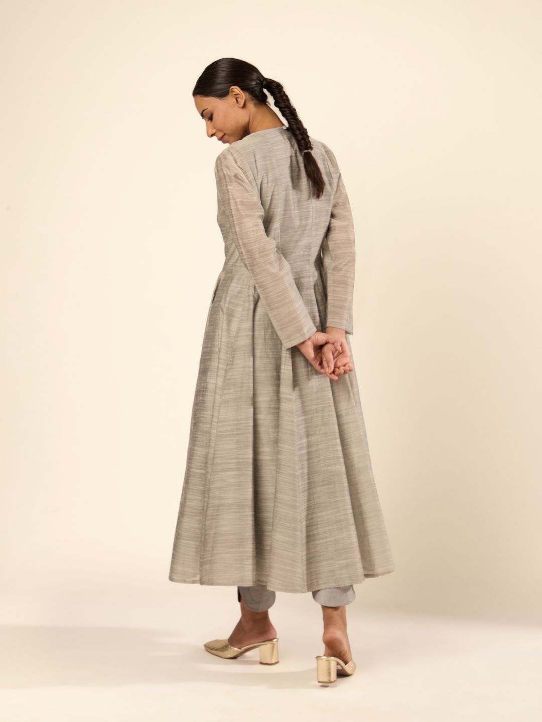 Baranasi Silk Pintuck Kurta Set Embraced by a Sheer Jacket- Grey