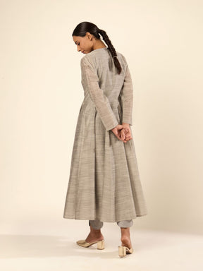 Baranasi Silk Pintuck Kurta Set Embraced by a Sheer Jacket- Grey