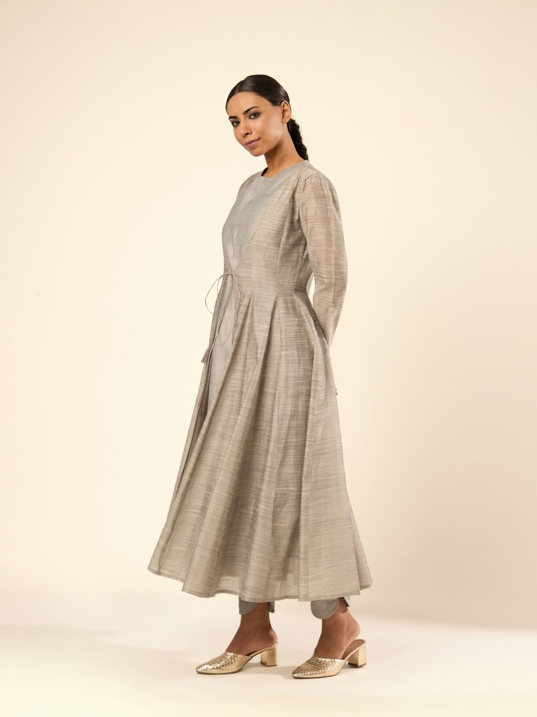 Baranasi Silk Pintuck Kurta Set Embraced by a Sheer Jacket- Grey