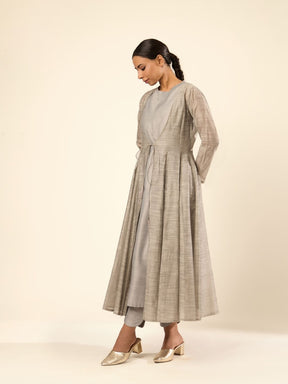 Baranasi Silk Pintuck Kurta Set Embraced by a Sheer Jacket- Grey