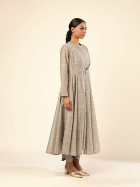 Baranasi Silk Pintuck Kurta Set Embraced by a Sheer Jacket- Grey