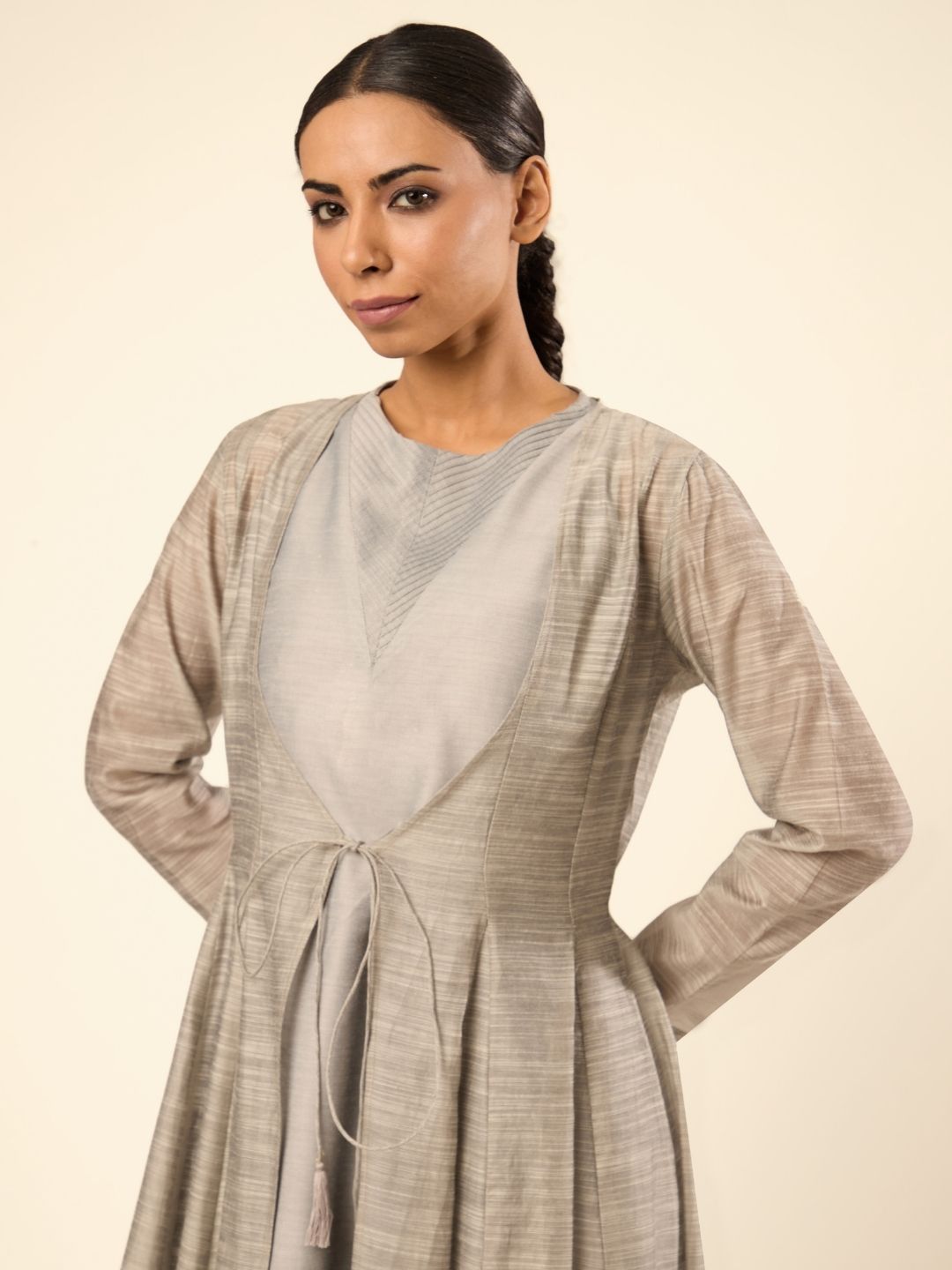 Baranasi Silk Pintuck Kurta Set Embraced by a Sheer Jacket- Grey