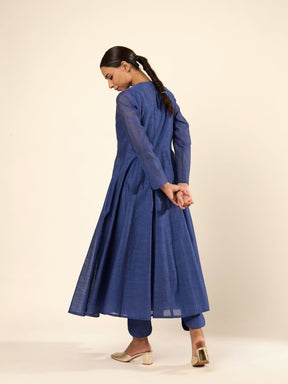 Baranasi Silk Pintuck Kurta Set Embraced by a Sheer Jacket-  Navy Blue