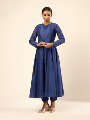 Baranasi Silk Pintuck Kurta Set Embraced by a Sheer Jacket-  Navy Blue