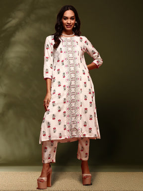 Floral  print kurta with straight pangts-black &beige