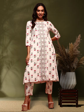 Floral  print kurta with straight pangts-black &beige