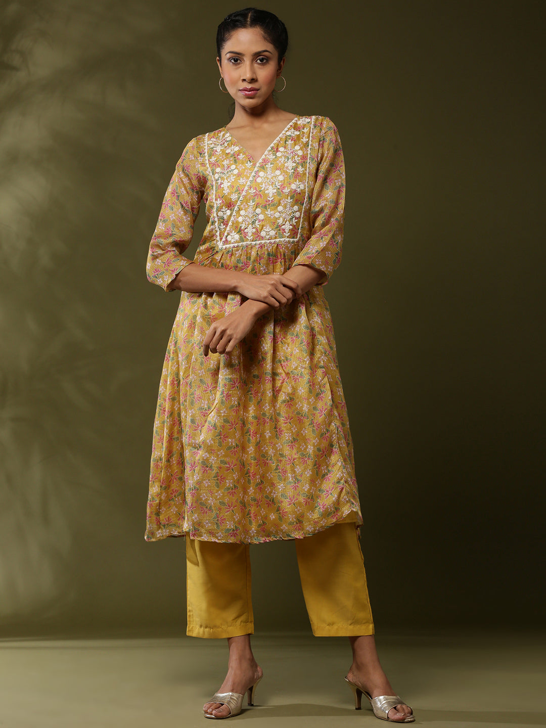 Floral printed yoke embroidered kurta set-yellow