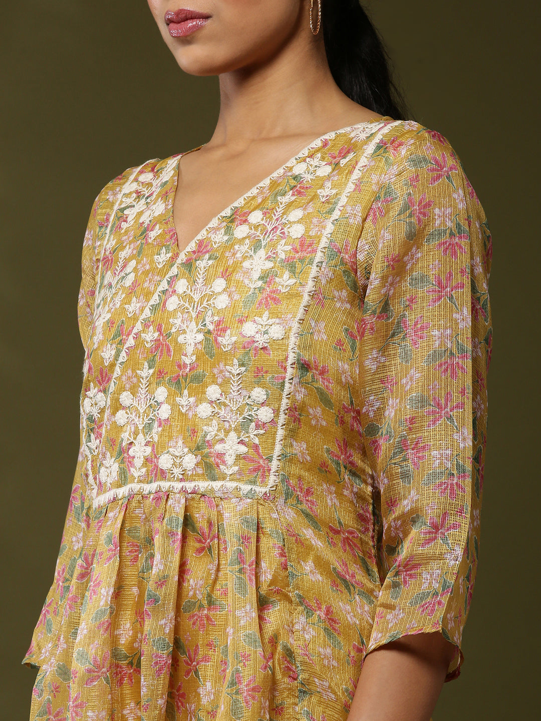 Floral printed yoke embroidered kurta set-yellow