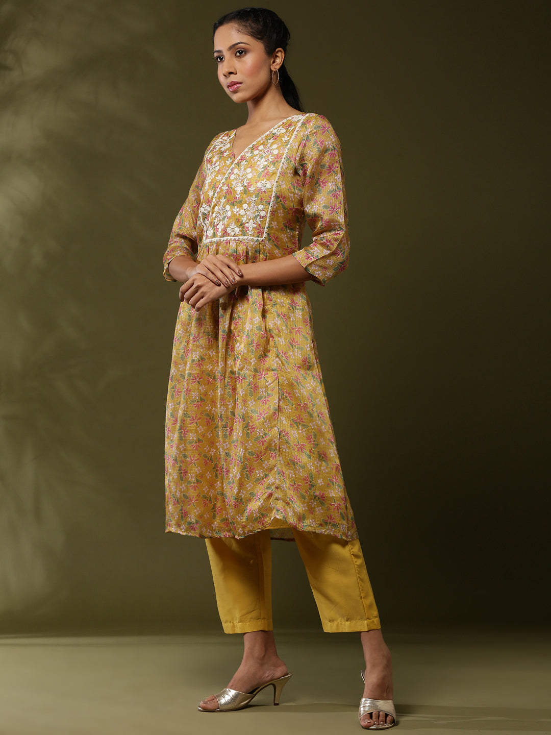 Floral printed yoke embroidered kurta set-yellow