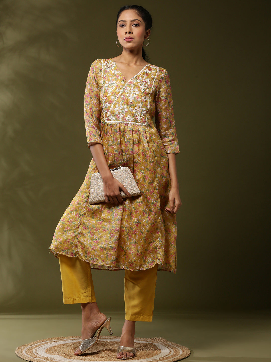 Floral printed yoke embroidered kurta set-yellow