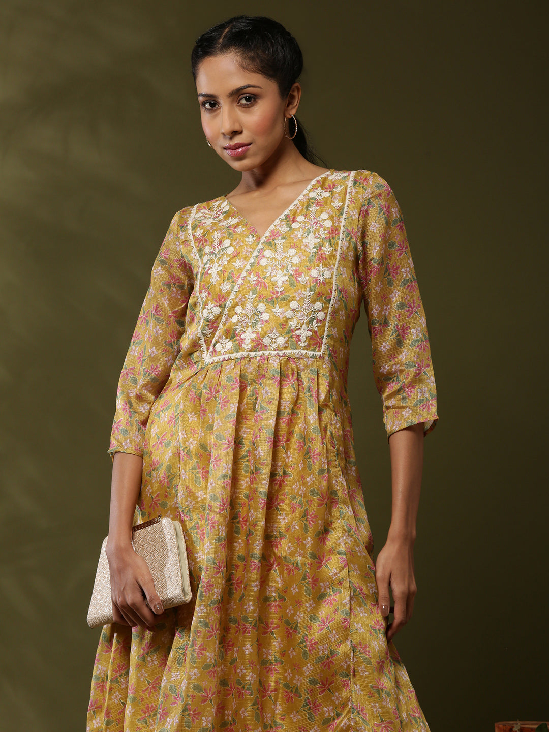 Floral printed yoke embroidered kurta set-yellow