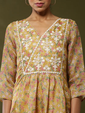 Floral printed yoke embroidered kurta set-yellow