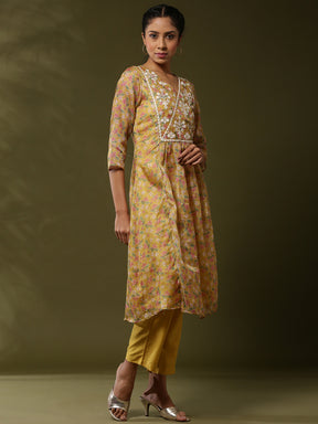 Floral printed yoke embroidered kurta set-yellow