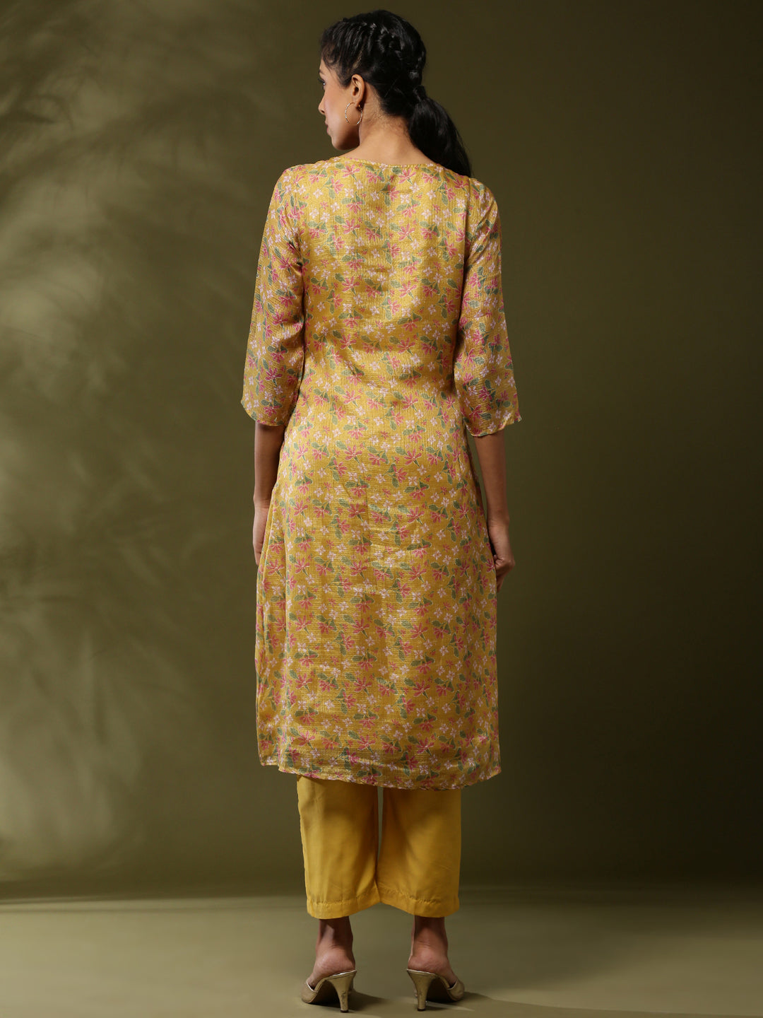 Floral printed yoke embroidered kurta set-yellow