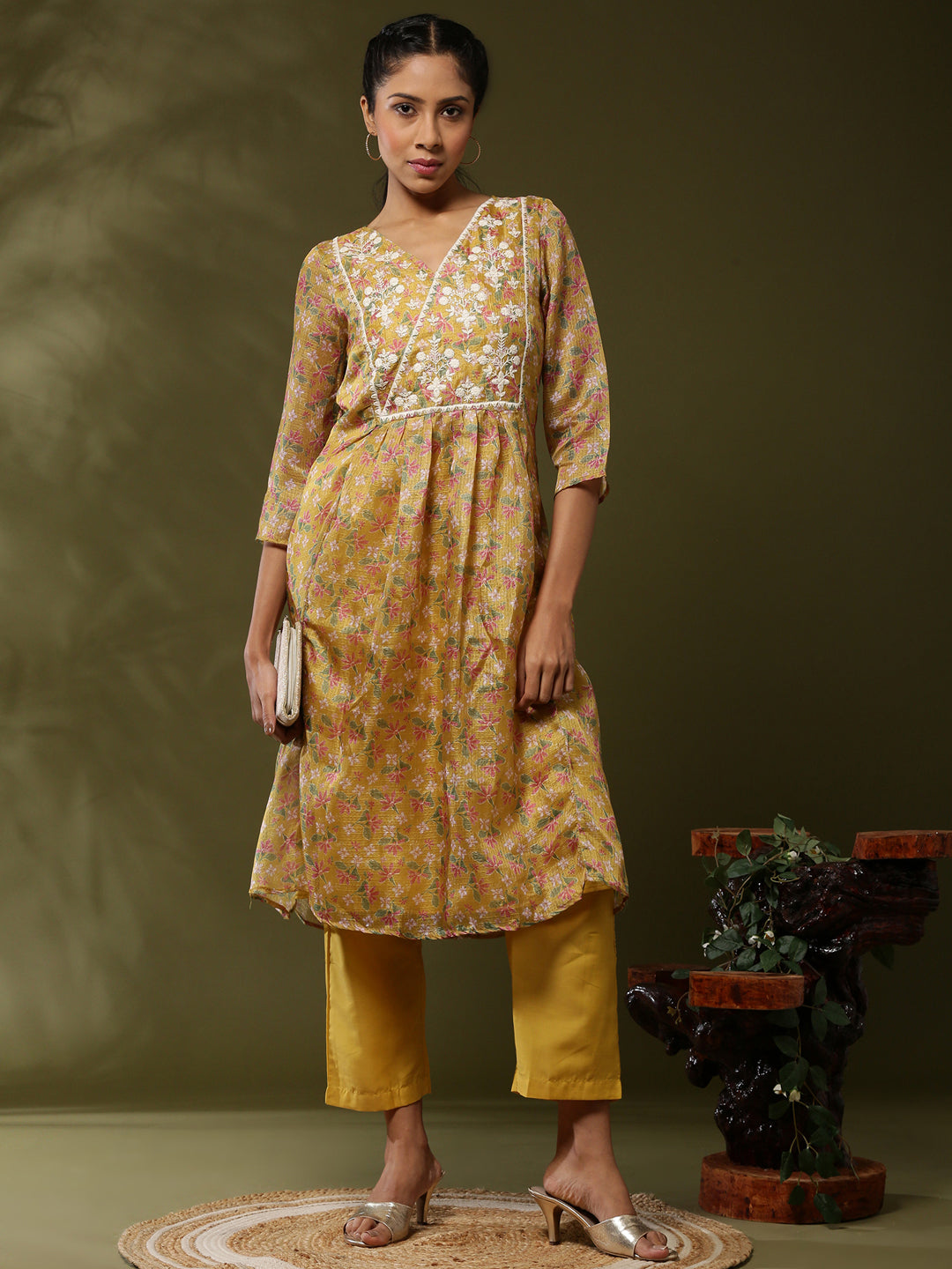 Floral printed yoke embroidered kurta set-yellow