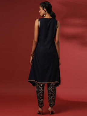 curved hem printed 2pc kurta set-navy