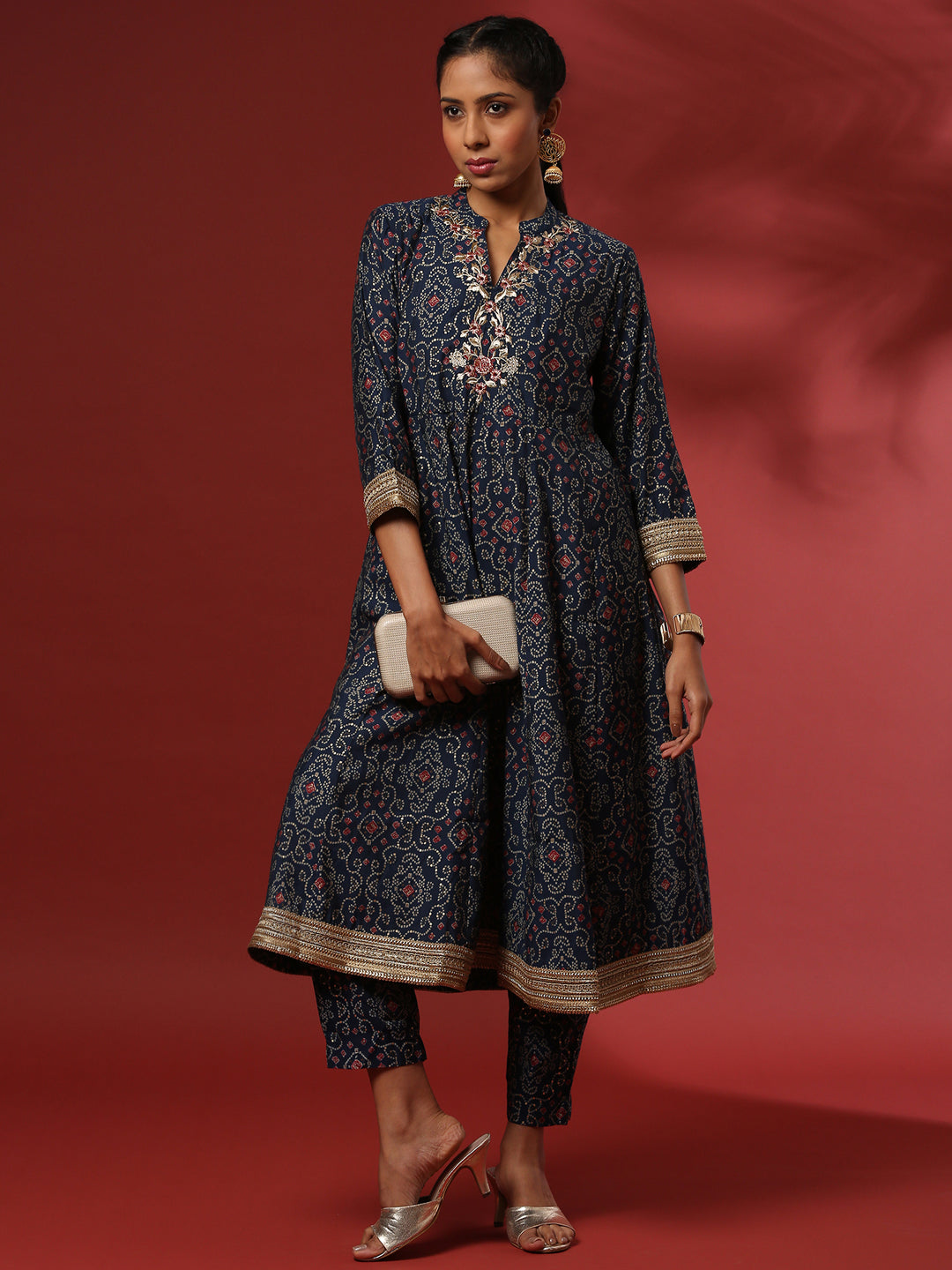 Flared bandhni printed kurta set with neck embroidery-navy