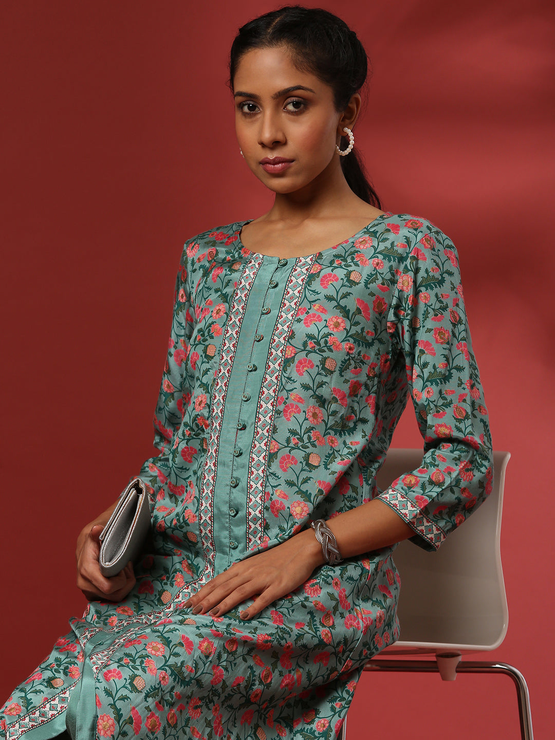 Floral printed 2pc kurta set-mint