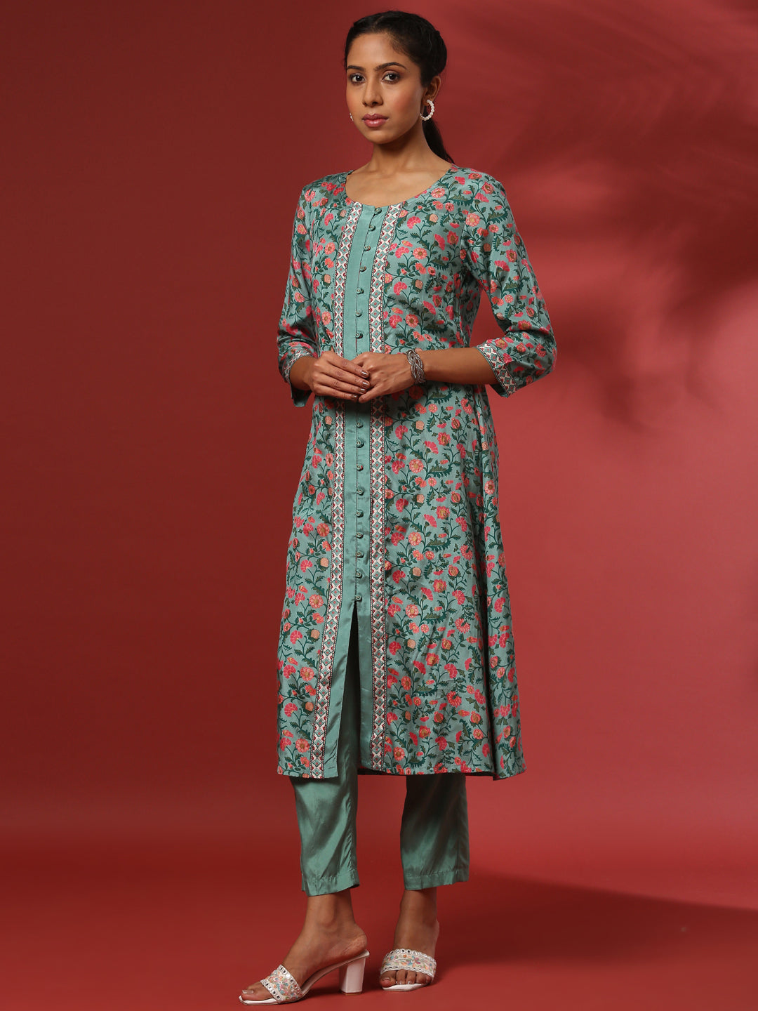 Floral printed 2pc kurta set-mint