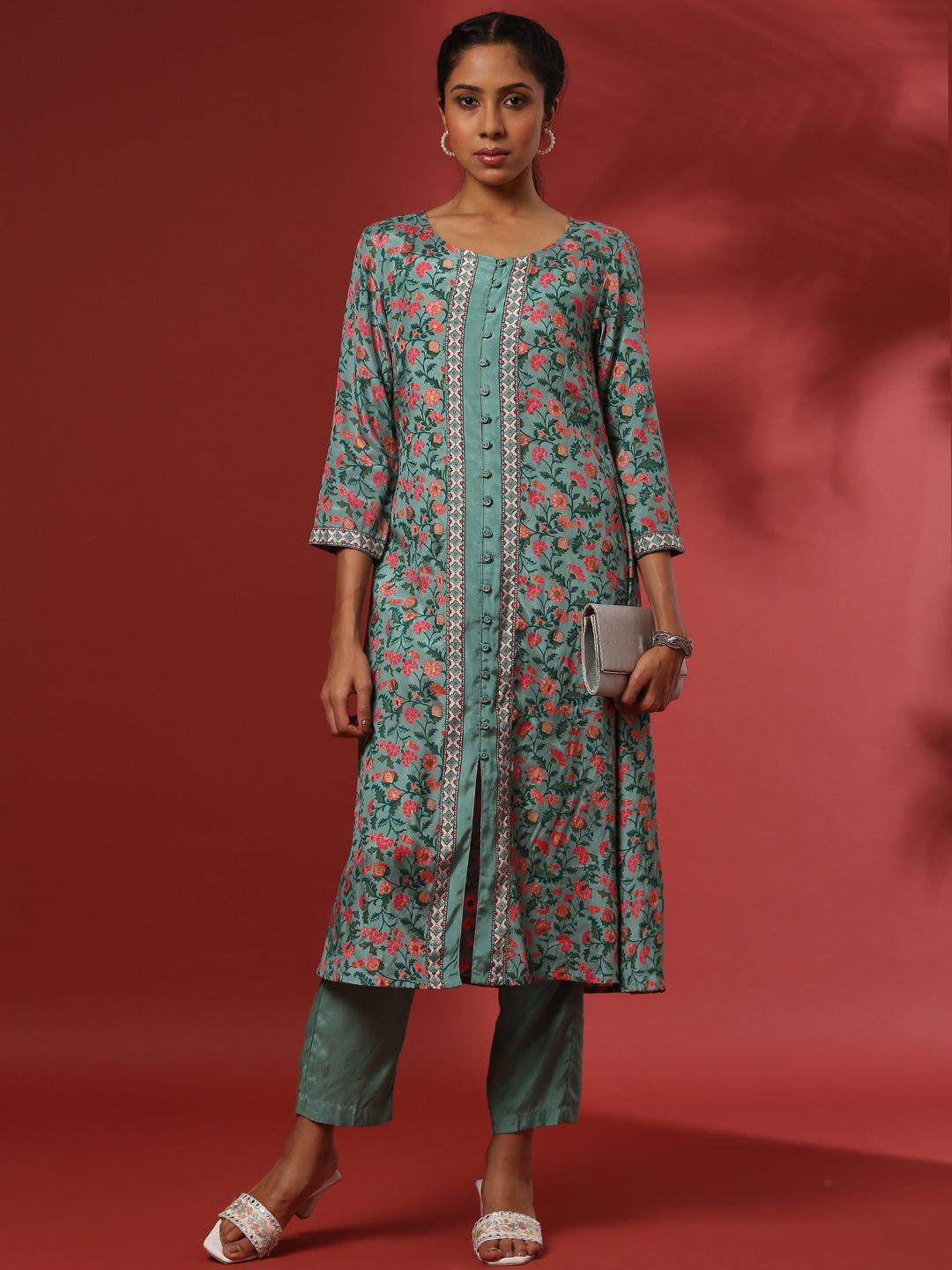 Floral printed 2pc kurta set-mint