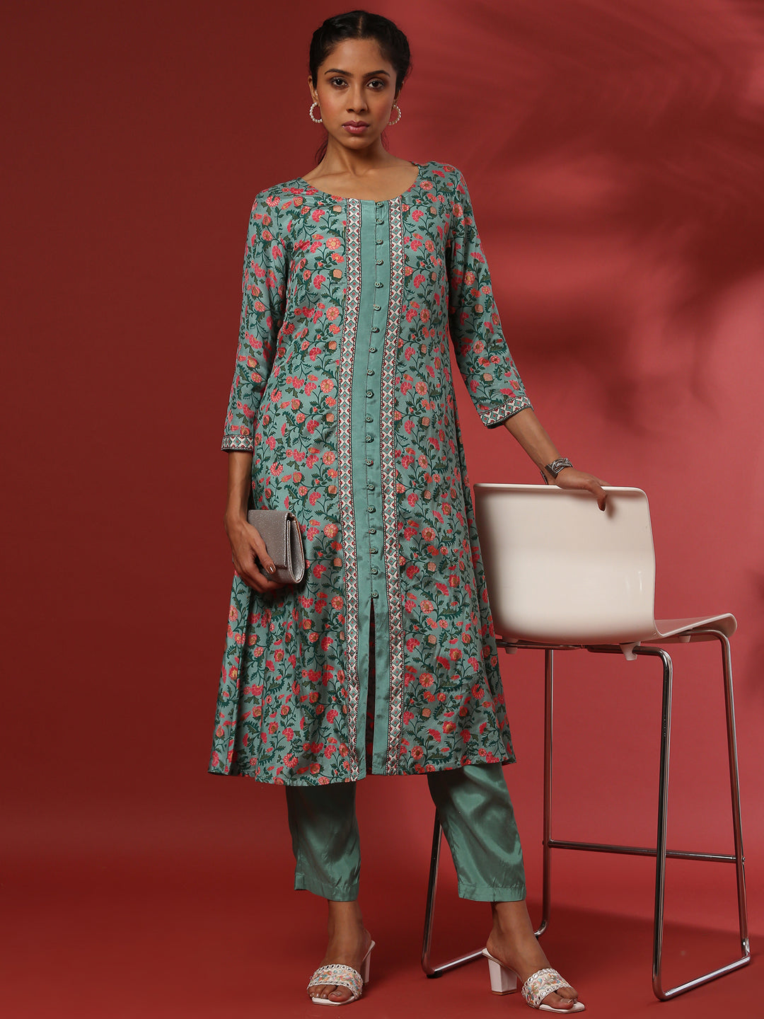 Floral printed 2pc kurta set-mint