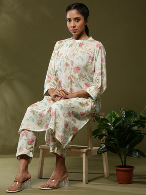 Close neck floral 2pc kurta set-offwhite