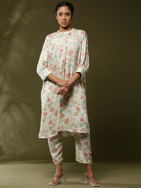 Close neck floral 2pc kurta set-offwhite