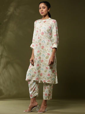 Close neck floral 2pc kurta set-offwhite