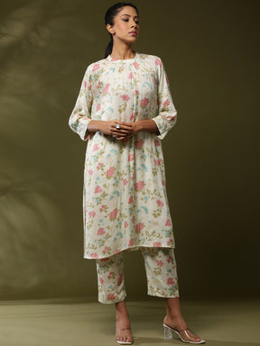 Close neck floral 2pc kurta set-offwhite