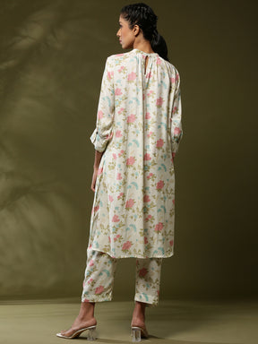 Close neck floral 2pc kurta set-offwhite